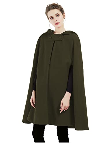 BEAUTELICATE Umhang mit Kapuze Mantel Wollmischung Damen Poncho Cape Lose Trenchcoat Outwear Hochzeit Herbst Winter Halloween Weihnachten (Khaki Grün - Halbe Länge 90cm, Einheitsgröße) von BEAUTELICATE