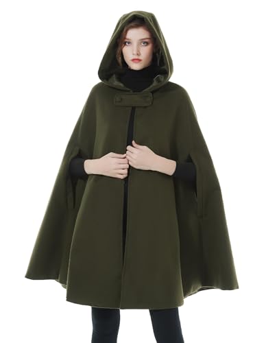 BEAUTELICATE Umhang mit Kapuze Mantel Wollmischung Damen Poncho Cape Lose Trenchcoat Outwear Hochzeit Herbst Winter Halloween Weihnachten (Khaki Grün - Halbe Länge 90cm, Einheitsgröße) von BEAUTELICATE
