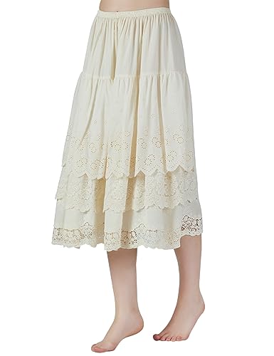 BEAUTELICATE Unterrock Damen 100% Baumwolle Antistatisch Vintage Halbrock Petticoat Unterkleid mit 3 Schicht Spitze für Rock Dirndl Kleid 75cm Elfenbein (Beige, S) von BEAUTELICATE