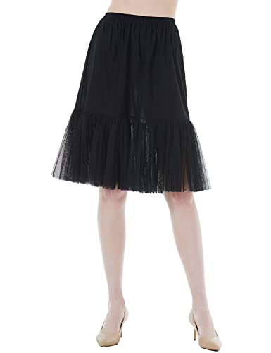 BEAUTELICATE Unterrock Damen Lang 100% Baumwolle Antistatisch Unterröcke für Durchsichtige Kleider Petticoat Halbrock Unterkleid mit Tüll Lace (Schwarz - Tüllbesatz - 60cm,L) von BEAUTELICATE