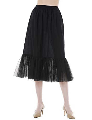 BEAUTELICATE Unterrock Damen Lang 100% Baumwolle Antistatisch Unterröcke für Durchsichtige Kleider Petticoat Halbrock Unterkleid mit Tüll Lace (Schwarz - Tüllbesatz - 80cm,M) von BEAUTELICATE