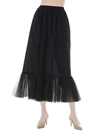 BEAUTELICATE Unterrock Damen Lang 100% Baumwolle Antistatisch Unterröcke für Durchsichtige Kleider Petticoat Halbrock Unterkleid mit Tüll Lace (Schwarz - Tüllbesatz - 80cm,XXL) von BEAUTELICATE