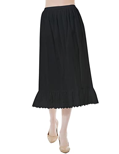 BEAUTELICATE Unterrock Damen 100% Baumwolle Lang Antistatisch Petticoat Halbrock Unterkleid für Kleid mit Anglaise Lace (Schwarz - Gewellte Spitzenkante - 80cm, L) von BEAUTELICATE