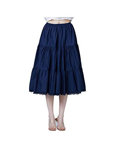 BEAUTELICATE Unterrock Damen Baumwolle Vintage A-Linie Rock Lang Kurz Halbrock mit Spitze Petticoat Unterrock für Dirndl Durchsichtige Kleider,Dunkelblau - 75cm Länge,L von BEAUTELICATE