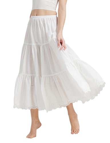 BEAUTELICATE Unterrock Damen Baumwolle Vintage A-Linie Rock Lang Kurz Halbrock mit Spitze Petticoat Unterrock für Dirndl Durchsichtige Kleider,Elfenbein Weiß - 75cm Länge,XXL von BEAUTELICATE