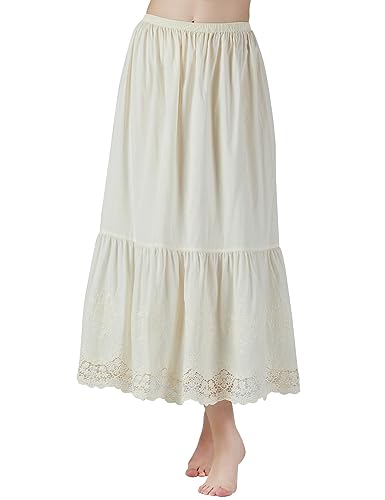 BEAUTELICATE Unterrock Damen 100% Baumwolle Vintage Petticoat Unterrock Lang Kurz Halbrock mit Spitze Stickerei Dirndl Petticoat (Alencon Lace - Beige - 85cm Länge, L) von BEAUTELICATE