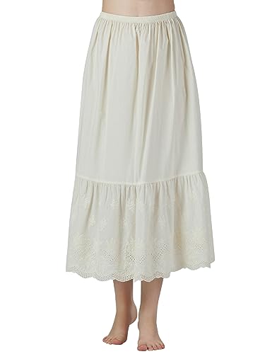 BEAUTELICATE Unterrock Damen 100% Baumwolle Vintage Petticoat Unterrock Lang Kurz Halbrock mit Spitze Stickerei Dirndl Unterrock (Blumenstickerei - Beige - 85CM, L) von BEAUTELICATE