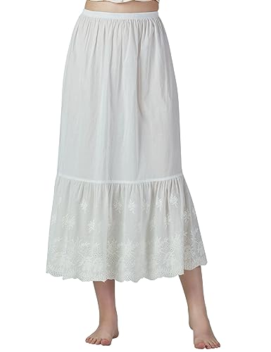BEAUTELICATE Unterrock Damen 100% Baumwolle Vintage Petticoat Half Slip Lang Kurz Halbrock mit Spitze Stickerei Dirndl Unterrock (Blumenstickerei - Elfenbein - 85CM, L) von BEAUTELICATE