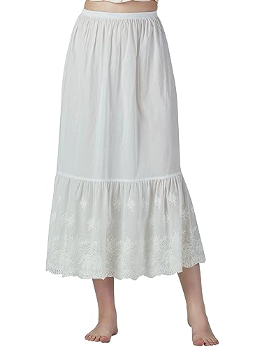 BEAUTELICATE Unterrock Damen 100% Baumwolle Vintage Petticoat Unterrock Lang Kurz Halbrock mit Spitze Stickerei Dirndl Unterrock (Blumenstickerei - Elfenbein - 85CM, M) von BEAUTELICATE