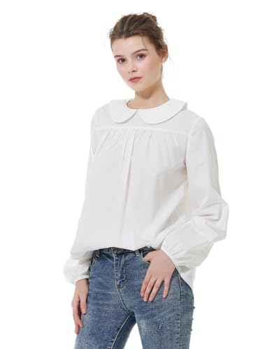BEAUTELICATE Viktorianische Bluse Damen Langarm Baumwolle Elegant Peter-Pan-Kragen Locker Langarmshirt Tunika Casual Oberteile mit Rückenknopf Weiß von BEAUTELICATE