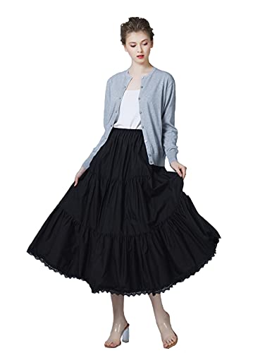 BEAUTELICATE Unterrock Damen Baumwolle Vintage A-Linie Rock Lang Kurz Halbrock mit Spitze Petticoat Unterrock für Dirndl Durchsichtige Kleider,Schwarz - 90cm Länge,L von BEAUTELICATE