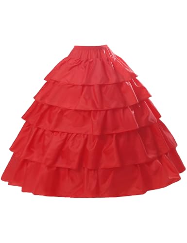 BEAUTELICATE Damen Reifrock Brautkleid Lang A-Linie Petticoat Rockabilly Barock Kleid Unterröcke Krinoline 4 Ringe mit Rüschen fur Hochzeit Karneval Halloween (Rot, S-M) von BEAUTELICATE