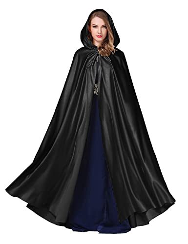 BEAUTELICATE Umhang Damen mit Kapuze Satin Cape Mantel Lang für Hochzeit Brautkleid Fasching Halloween Kostüm Mittelalter Robe Vampir Hexen (Schwarz, Einheitsgröße) von BEAUTELICATE