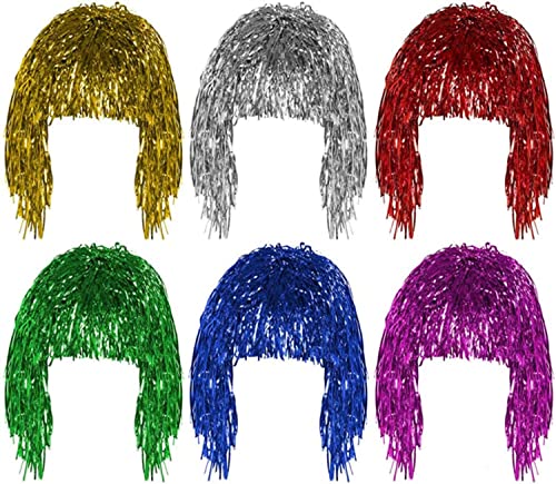 6 Stück Lametta Perücke, Folie Lametta Perücken Kostüm Lametta Perücken für Parties Halloween Karneval Metallic Kostüm Weihnachten Cosplay Zubehör Lametta Perücke von BEAUTYBIGBANG