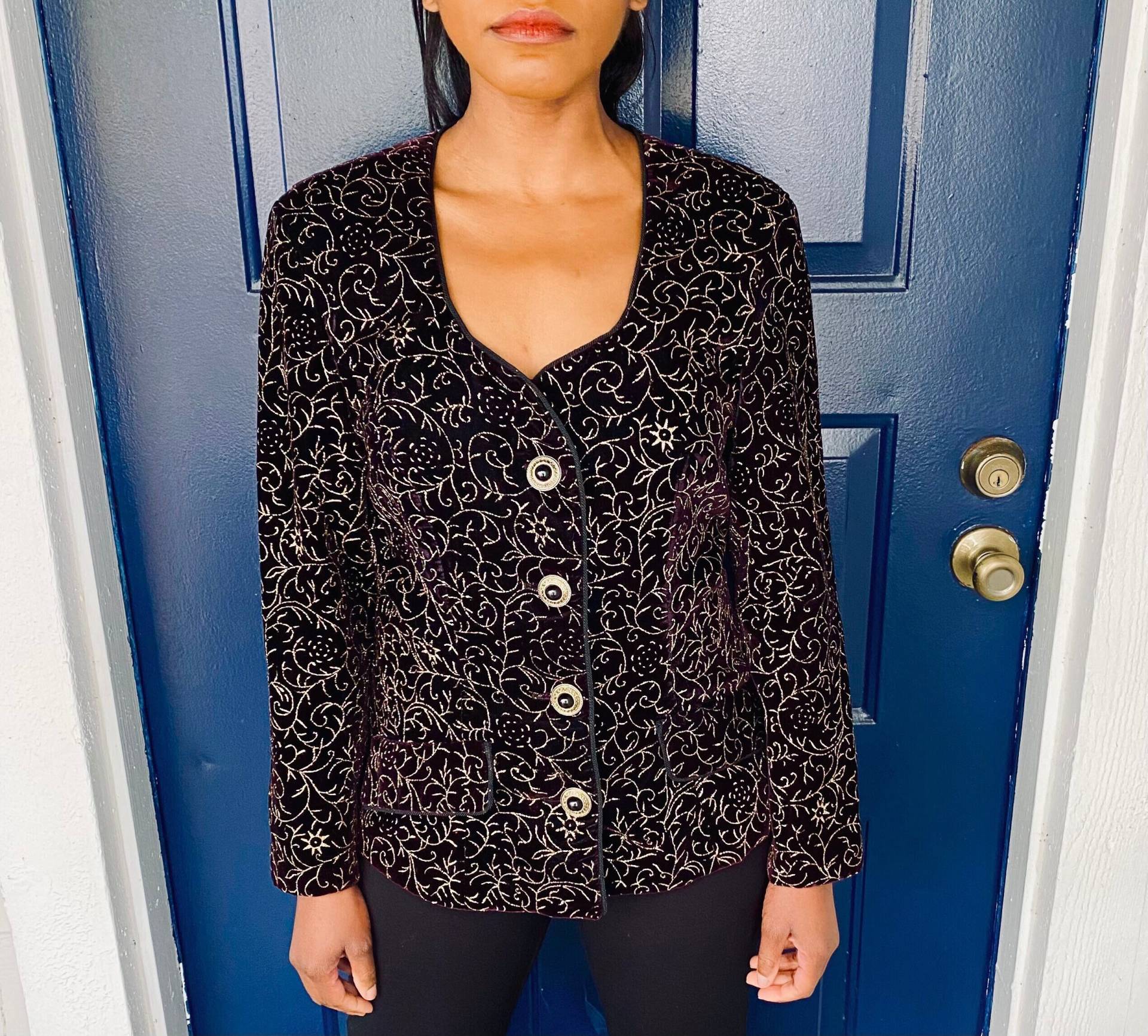 80Er Patra Schwarz Und Gold Samt Paisley Print Tuxedo Blazer von BEAUTYTOAST