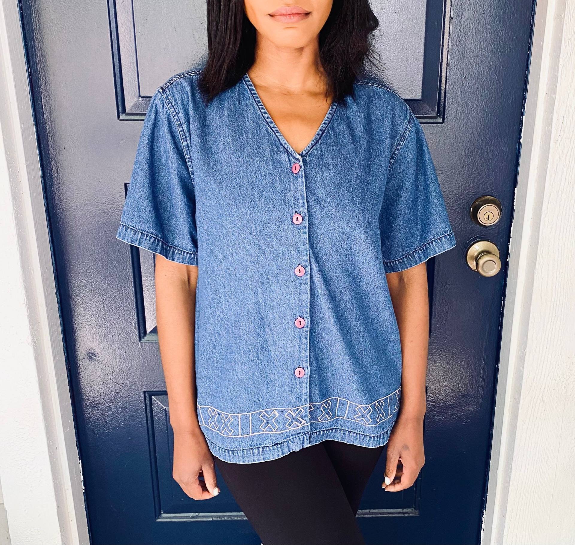 90Er Jane Ashley V Neck Button Up Jeans Shirt von BEAUTYTOAST