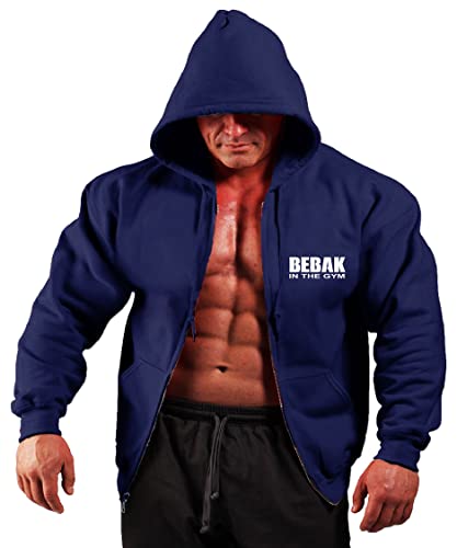BEBAK Herren Gym Hoodie | Reißverschluss Pullover Hoodie Kleidung für Herren Bodybuilding Top Arnold Schwarzenegger inspiriertes Sweatshirt T Shirt S M L XL 2XL 3XL 4XL 5X, Navy, XXL von BEBAK ACTIVE