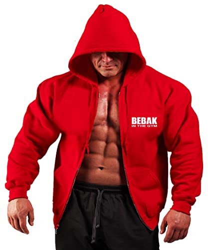 BEBAK Herren Gym Hoodie | Reißverschluss Pullover Hoody Kleidung für Männer Bodybuilding Top Arnold Schwarzenegger Inspiriert Sweatshirt T Shirt S M L XL 2XL 3XL 4XL 5X, rot, L von BEBAK ACTIVE