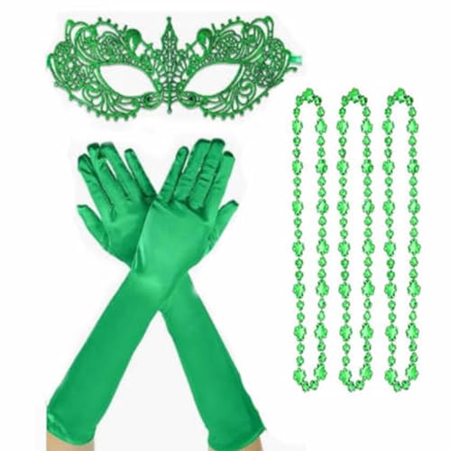 BEBIKR Halskette, venezianische Maske zum St. Patrick's Day, grüne Maske mit Handschuhen und Perlen, Halskette, für Damen, Karneval, Requisiten für Festival-Auftritte, Kunststoff und Polyester von BEBIKR