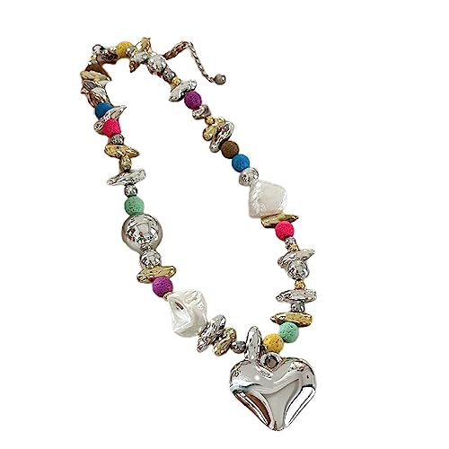 BEBIKR Halsketten, bunte herzförmige Anhänger-Halskette, süßes cooles Mädchenhalsband mit unregelmäßigen Perlen für Frauen, Party, Modeschmuck, Metall von BEBIKR