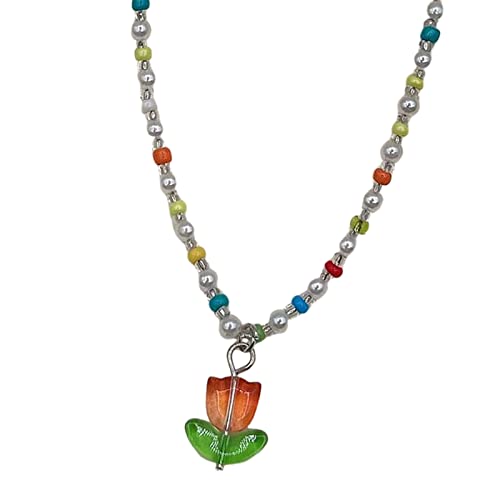 BEBIKR Halsketten für Frauen – Bonbonfarbener Choker-Anhänger mit Kristallperlen, handgefertigt, Tulpenblumen-Anhänger, Schlüsselbeinkette, Boho-Schmuck, Geschenk, 40 cm, Kristall von BEBIKR