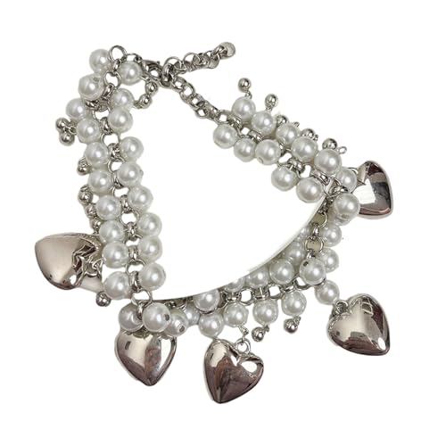 BEBIKR Halsketten für Frauen – Elegante Nachahmung Perlen Halskette Liebe Herz Anhänger Schlüsselbein Kette Doppellagige Schlüsselbeinketten für Frauen Mädchen, 31 cm, Metall von BEBIKR