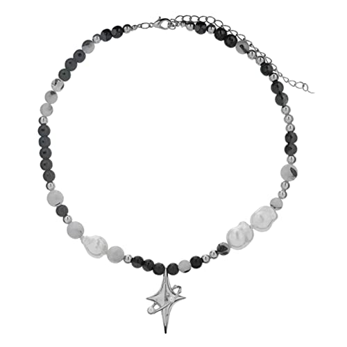 BEBIKR Halsketten für Frauen – Punk-Stern-Anhänger, Barock-Perlen-Halskette, asymmetrisch, schwarz-weiße Perlen-Halskette, Legierungsmaterial, Halskette, As shown in the figure, Metall von BEBIKR