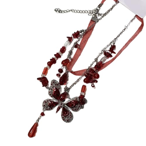 BEBIKR Halsketten für Frauen – Rote Schmetterlingskette mit funkelnden Zirkonia, exquisite rote Schmetterlings-Halskette, mehrschichtiger funkelnder Zirkonia-Choker, Legierung + Stoff + Acryl von BEBIKR