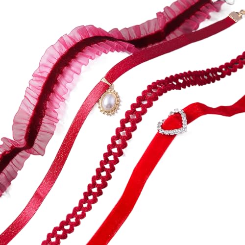 BEBIKR Halsketten für Frauen – Sexy rote Samt-Choker-Halsketten für Frauen, Herz-Kristall-Chocker, Brautschmuck, Hochzeit, Party, Schmuck am Halsband, As shown in the figure, Spitze und Legierung von BEBIKR