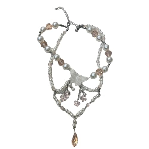 BEBIKR Halsketten für Frauen – Tropfen-Halskette, Schmetterlings-Quasten-Anhänger, modische Perlen-Schlüsselbein-Ketten, Accessoire für Frauen und Mädchen, As shown in the figure, Perlenkette von BEBIKR