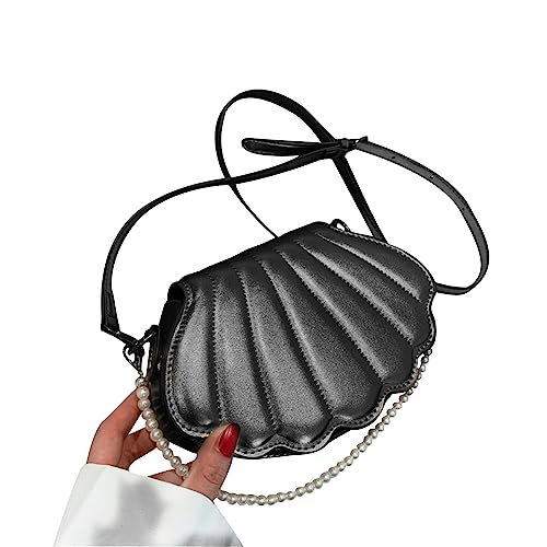 BEBIKR Unterarmtaschen für Damen, PU-Umhängetasche, modische Perlenkette, Handtasche, Geldbörse, niedliche Muschelform, Crossbody-Tasche, weibliche Kuriertasche für Abschlussball, Schwarz von BEBIKR