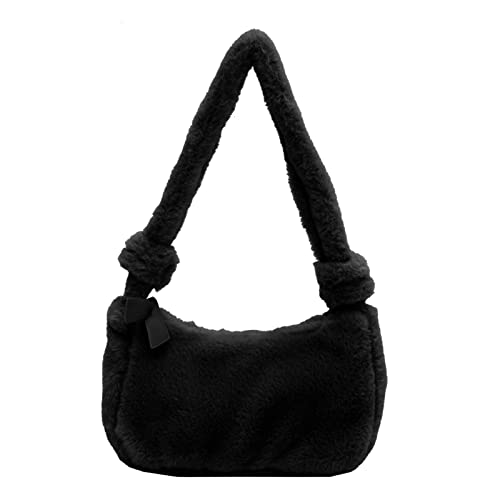 BEBIKR Unterarmtaschen für Damen, modische Schultertaschen für Damen und Mädchen, Plüsch, einfarbig, Unterarmtasche, Herbst und Winter, Handtasche mit Tragegriff oben, Schwarz von BEBIKR