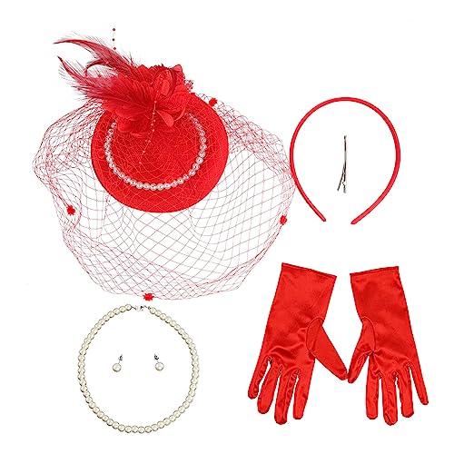 Haarband für Damen, 1 Set, Netzschleier und Hut, Haarreifen mit Perlenohrringen, Halskette und Handschuhen, Halloween, Cosplay, Abschlussball, Partyzubehör für Damen von BEBIKR