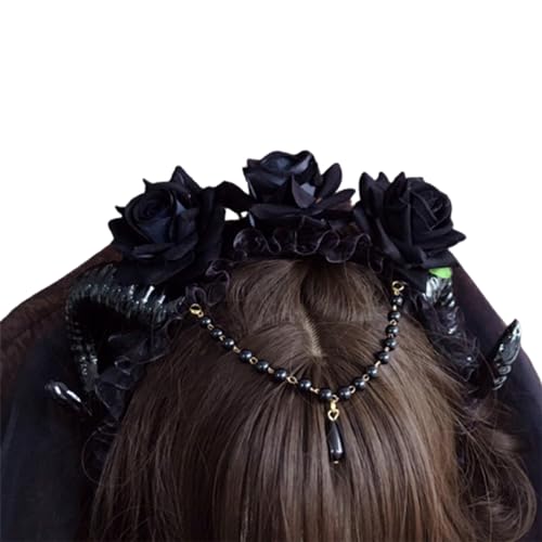 Haarband für Damen, Rosen-Blumenkrone, Kopfschmuck für Hochzeit, Festival, Gothic-Stirnband, schwarze Spitze, Haarreif für Halloween-Kostüm von BEBIKR