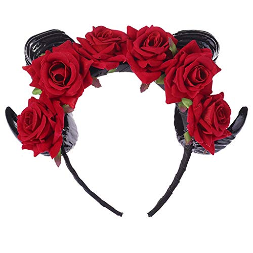 Halloween-Haarschmuck, Ochsen-Schafhorn, Stirnband, Rose, Blume, Kopfschmuck, modisch, Vintage, für Damen und Mädchen, Kristall, Glitzer, breites Stirnband, handgefertigt, mit Schaumstoff, gepolstert, von BEBIKR