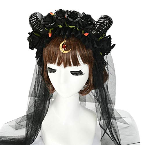 Halloween-Stirnband, Schafhorn, Rose, Netzschleier, Mond, Anhänger, Haarreif, Haarbänder für Damen, Schwarz von BEBIKR