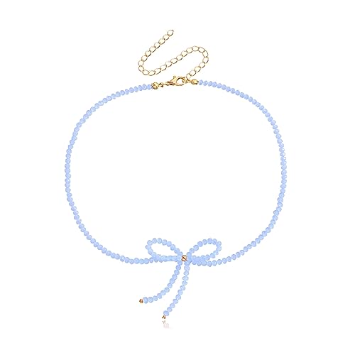 Halskette, elegante Glasperlen-Halskette mit Schleifen-Charm, Halsband, Schlüsselbein-Kette für Damen, Modeschmuck, Geschenk, Perlenkette, Glas von BEBIKR