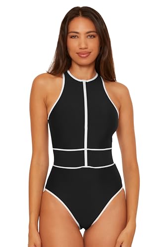BECCA Damen Sport Mode Zip-up One Piece Swimsuit, High Neck, Bathing Suits for Women Badeanzug, Schwarz, Medium von BECCA
