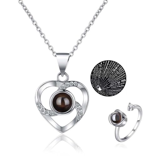 BECHS Halskette Projektion Mit Ich Liebe Dich In Hundert Sprachen Im Inneren Halskette Erinnerungshalskette Für Muttertag Geburtstag Jubiläum Gedenkgeschenke Valentinstag Mit 1 Projektion Ring von BECHS