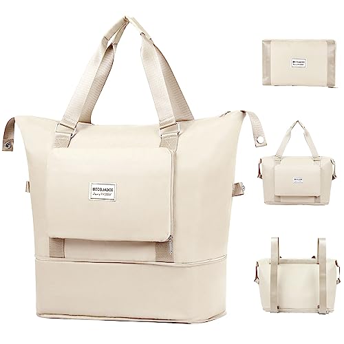 BECOJADDE Sporttasche Faltbare Reisetasche für Herren und Damen Wasserdicht Sport Bags Duffel Bag Handgepäck Tasche für Fitnessstudio Reise, Schwimmen, Trainingstasche Beige von BECOJADDE