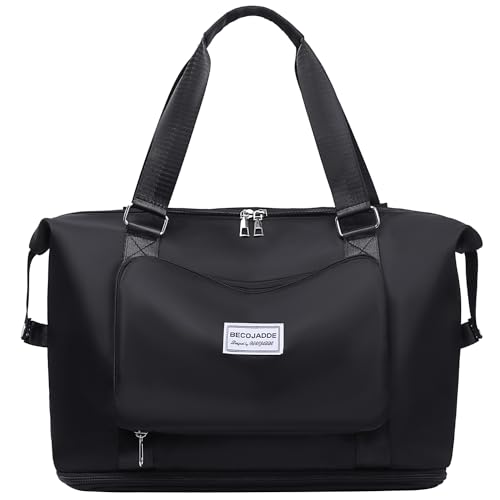 BECOJADDE Reisetasche für Damen, Handgepäcktasche mit Nassfach, Reisetasche für Wochenendausflüge, Übernachtungen, Reiseutensilien, 27 l, Schwarz, 27L, Doppelter Schultergurt und Gepäckgurt von BECOJADDE