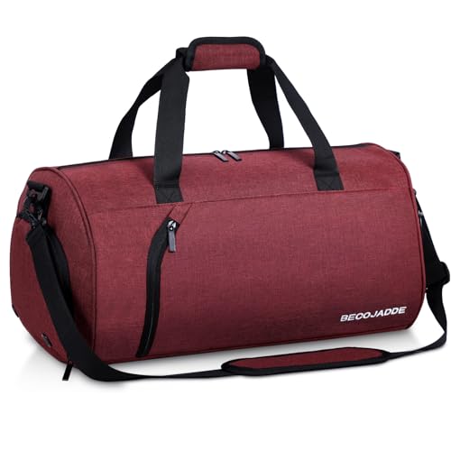 BECOJADDE Sporttaschen für Damen und Herren, 35L Reisetasche Duffel Bag Übernachtungstasche mit Schuhfach & Nassfach, wasserdichte Handgepäcktasche für Sport, Fitnessstudio, Schwimmen, Rotwein von BECOJADDE