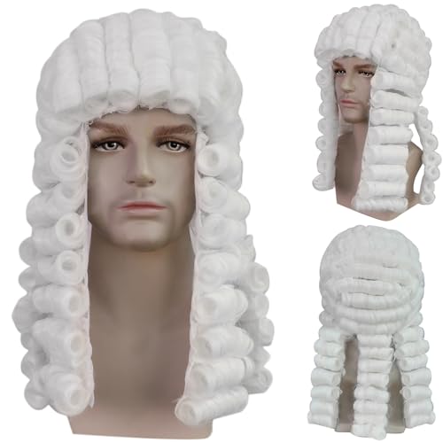 BECULINA Anwalt Perücken Weiß Kolonialrichter Perücke mit Haarkappe Lange lockige gepuderte Haare für Männer Lustige weiße Richter Perücken Peluca Blanca für Halloween Kostüm Weihnachtsfeier Halloween von BECULINA