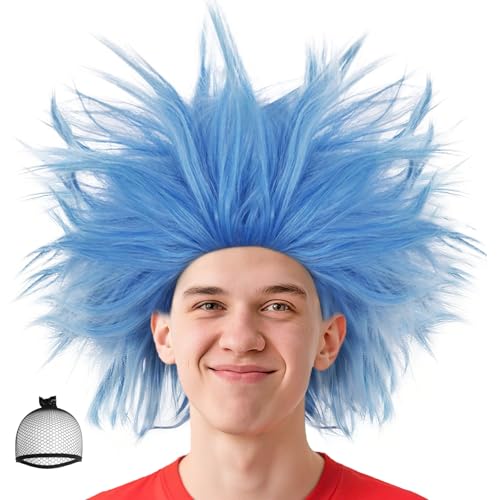 BECULINA Blaue Spiky Perücke 【+Haarkappe】 Lustige Perücke für Männer Cosplay Charaktere Themenpartys Blaue Verrückte Kurze Spaß Perücken für Erwachsene Halloween Kostüm Party Outfit Anime Perücken von BECULINA