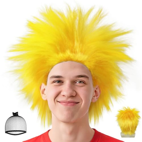 BECULINA Gelbe Spiky Perücke 【+Haarkappe】 Synthetische Haare Lustige verrückte Perücke Gelbe Cosplay Perücken für Männer Sport Fan Events Sommer Partys Kostüm Spaß Erwachsene Halloween Kostüm Outfit von BECULINA
