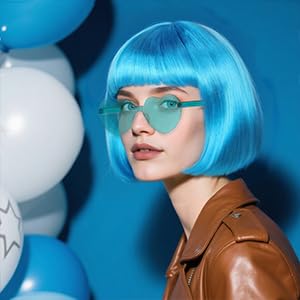BECULINA Glänzend Blauer Bob Perücke【+Haarkappe】 Blaue lustige Perücke mit Pony für Frauen Hellblaue Bob Cosplay Perücken für Cosplay Halloween Thema Party Kostüm Outfit von BECULINA