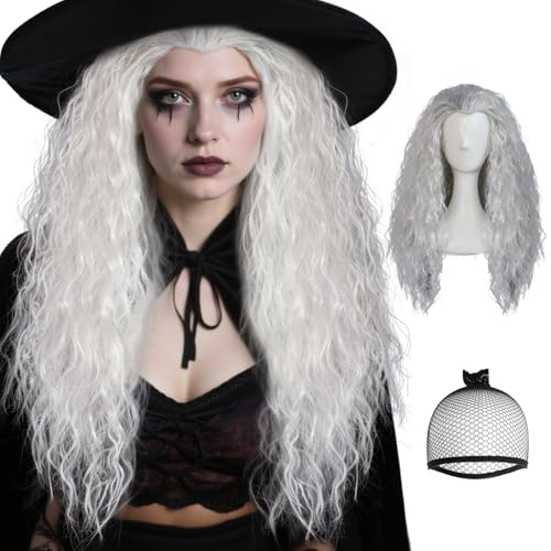 BECULINA Grau lockig Perücken 【+Haarkappe】 Lange Silber Perücken für Frauen Synthetische Alte Dame Cosplay Perücke Frauen Lustige Verrückte lange graue Perücke für Halloween Kostüm Party Anime Outfit von BECULINA