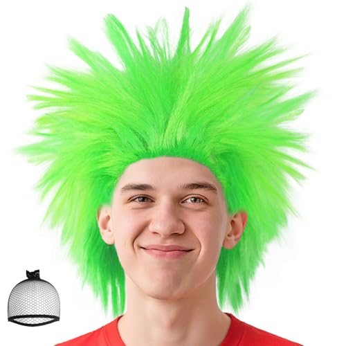 BECULINA Grün Spiky Perücke 【+Haarkappe】 Synthetische verrückte kurze Perücke für Themenpartys St Patricks Cosplay Festival Spaß Perücken für Erwachsene Männer Frauen Halloween Kostüm Party Outfit von BECULINA