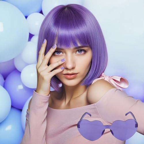 BECULINA Helllila Bob Perücke【+Haarkappe】 Flieder Lila Lustige Perücke mit Pony für Frauen Helllila Bob Cosplay Perücken für Cosplay Halloween Party Kostüm Outfit von BECULINA