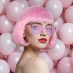BECULINA Kurze Rosa Bob Perücke【+Haarkappe+Sonnenbrille】 Kurze gerade hellrosa Bob Perücke mit flachem Pony für Frauen Pinky Cosplay Perücken Halloween Kostüm Outfit von BECULINA